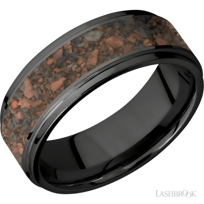 8 mm wide/Flat Grooved Edges/Zirconium band with one 5 mm Centered inlay of Desert Jasper.