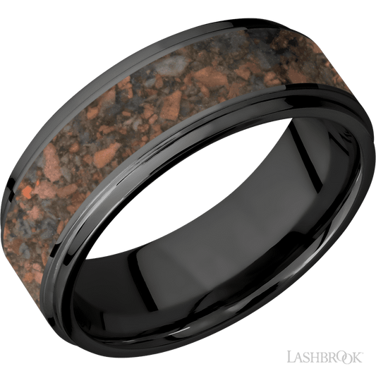 Lashbrook 8mm Flat Grooved Edges Zirconium Wedding Band — Desert Jasper Inlay