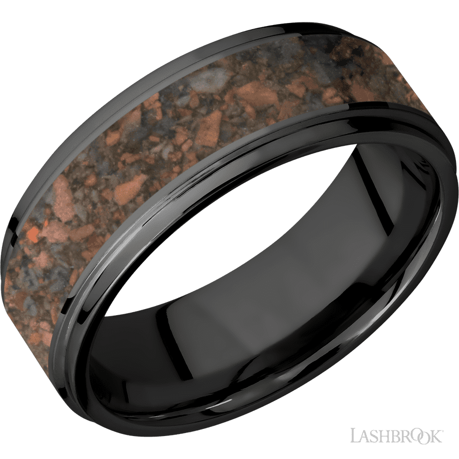 8 mm wide/Flat Grooved Edges/Zirconium band with one 5 mm Centered inlay of Desert Jasper.