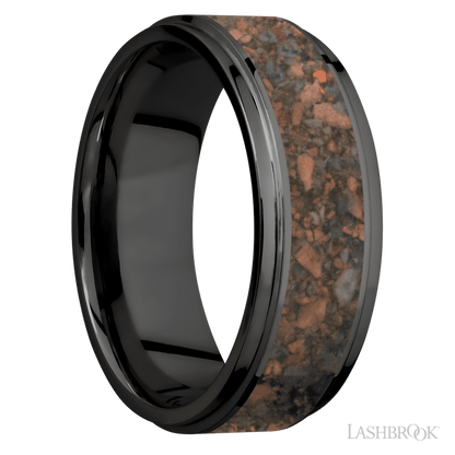 8 mm wide/Flat Grooved Edges/Zirconium band with one 5 mm Centered inlay of Desert Jasper.