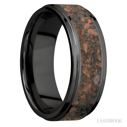 Lashbrook 8mm Flat Grooved Edges Zirconium Wedding Band — Desert Jasper Inlay