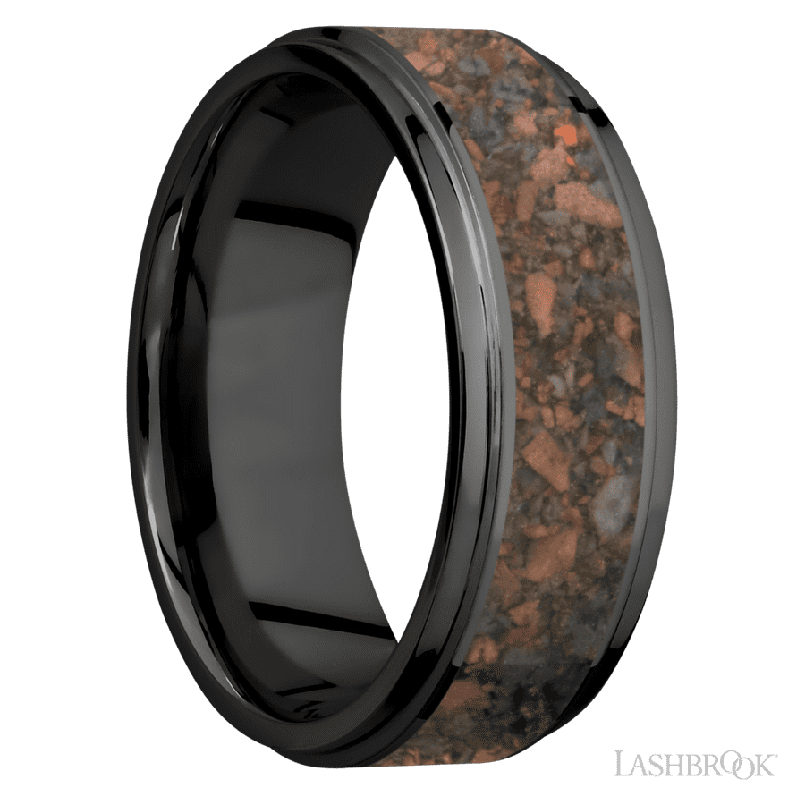8 mm wide/Flat Grooved Edges/Zirconium band with one 5 mm Centered inlay of Desert Jasper.