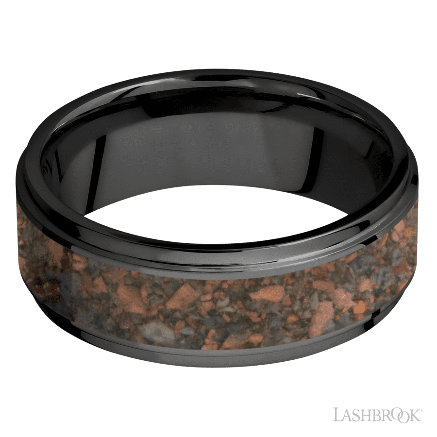 8 mm wide/Flat Grooved Edges/Zirconium band with one 5 mm Centered inlay of Desert Jasper.