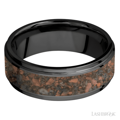 8 mm wide/Flat Grooved Edges/Zirconium band with one 5 mm Centered inlay of Desert Jasper.