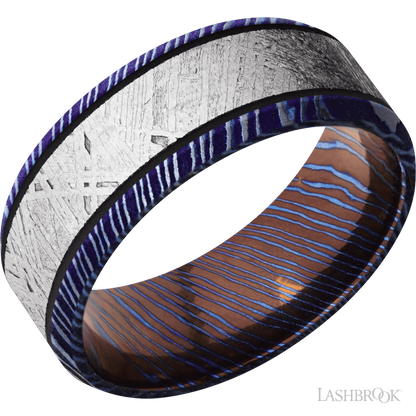 8 mm wide/Beveled/Titanium Damascus band with one 5 mm Centered inlay of Meteorite.