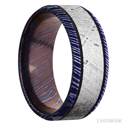 8 mm wide/Beveled/Titanium Damascus band with one 5 mm Centered inlay of Meteorite.