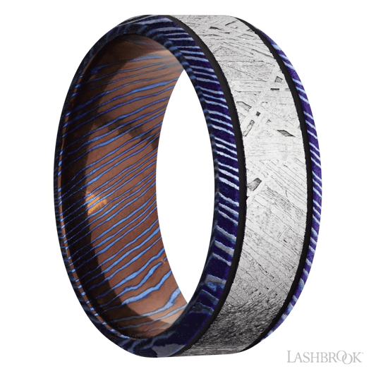 Lashbrook 8mm Beveled Titanium Damascus Wedding Band — Meteorite Inlay