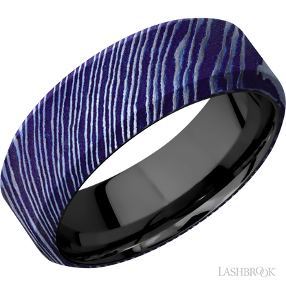 8 mm wide High Bevel Titanium Damascus band featuring a Zirconium sleeve.