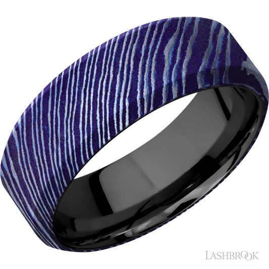 Lashbrook 8mm High Bevel Titanium Damascus Wedding Band — Zirconium Sleeve