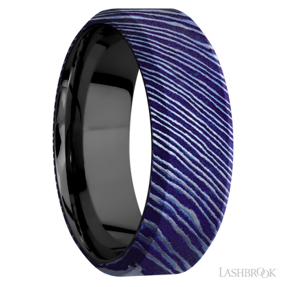 8 mm wide High Bevel Titanium Damascus band featuring a Zirconium sleeve.