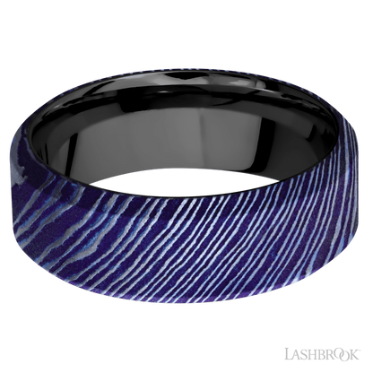 8 mm wide High Bevel Titanium Damascus band featuring a Zirconium sleeve.