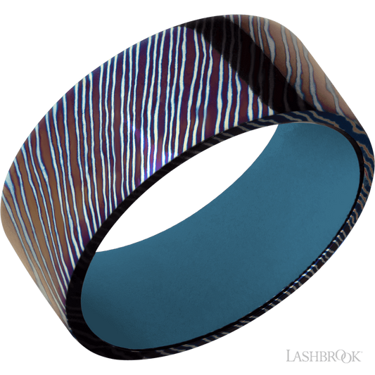 Lashbrook 9mm Flat Titanium Damascus Wedding Band — Royal Blue Sleeve
