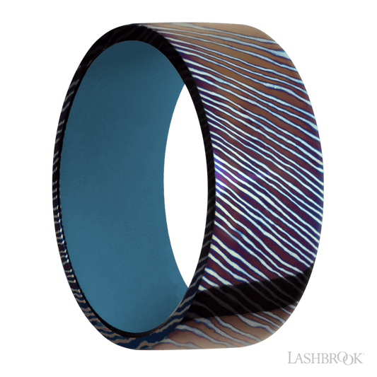 Lashbrook 9mm Flat Titanium Damascus Wedding Band — Royal Blue Sleeve