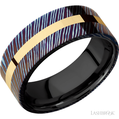 8 mm wide/Flat/Titanium Damascus band with one 2 mm Centered inlay of 14K Yellow Gold also featuring a Zirconium sleeve.