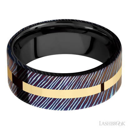8 mm wide/Flat/Titanium Damascus band with one 2 mm Centered inlay of 14K Yellow Gold also featuring a Zirconium sleeve.