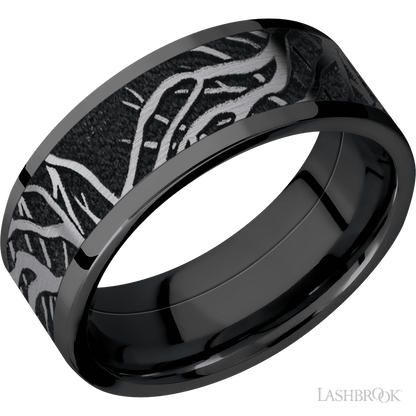 8 mm wide/Flat/Zirconium band with one 6 mm Centered inlay of Tantalum with a laser carved Branches pattern.