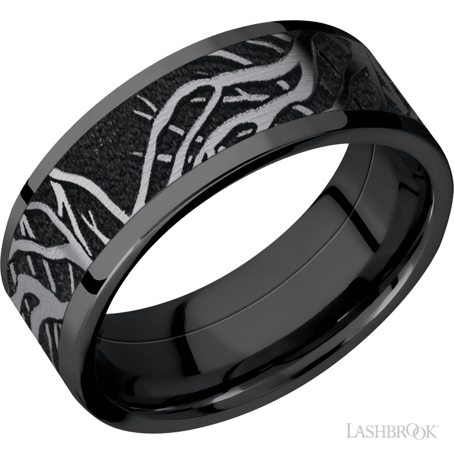8 mm wide/Flat/Zirconium band with one 6 mm Centered inlay of Tantalum with a laser carved Branches pattern.