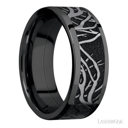 8 mm wide/Flat/Zirconium band with one 6 mm Centered inlay of Tantalum with a laser carved Branches pattern.