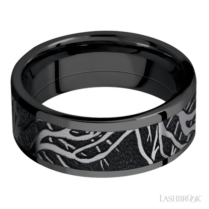 8 mm wide/Flat/Zirconium band with one 6 mm Centered inlay of Tantalum with a laser carved Branches pattern.