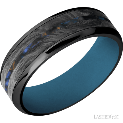 7 mm wide/Beveled/Zirconium band featuring inlays of Forged Carbon Fiber and Blue Tiger Eye also featuring a Royal Blue sleeve.