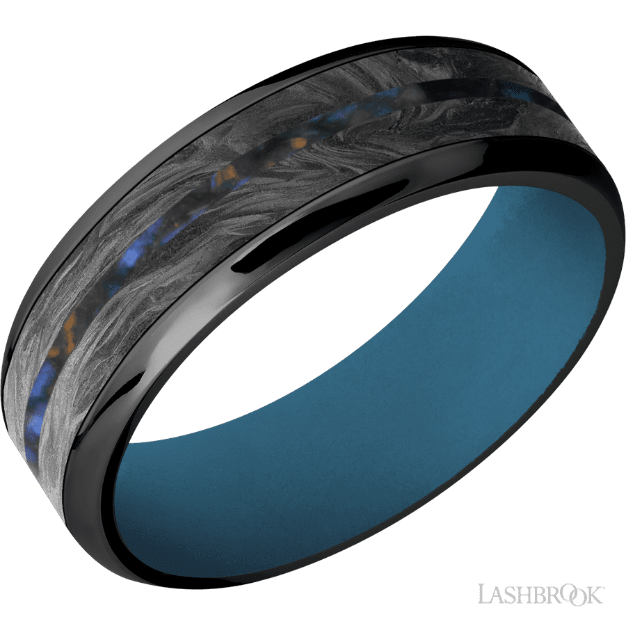 7 mm wide/Beveled/Zirconium band featuring inlays of Forged Carbon Fiber and Blue Tiger Eye also featuring a Royal Blue sleeve.