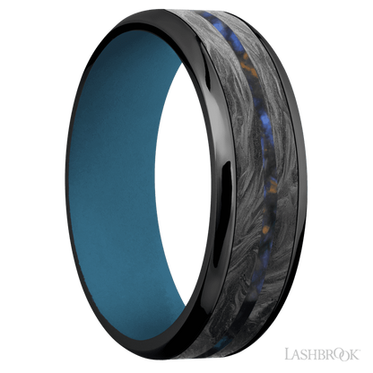 7 mm wide/Beveled/Zirconium band featuring inlays of Forged Carbon Fiber and Blue Tiger Eye also featuring a Royal Blue sleeve.