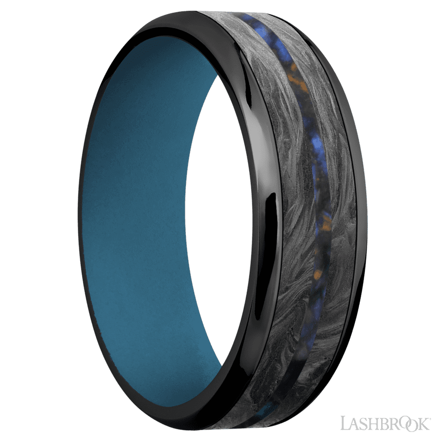 7 mm wide/Beveled/Zirconium band featuring inlays of Forged Carbon Fiber and Blue Tiger Eye also featuring a Royal Blue sleeve.