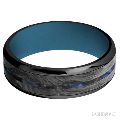 7 mm wide/Beveled/Zirconium band featuring inlays of Forged Carbon Fiber and Blue Tiger Eye also featuring a Royal Blue sleeve.