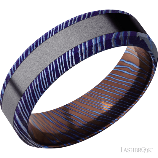 Lashbrook 7mm High Bevel Titanium Damascus Wedding Band — Tantalum Inlay