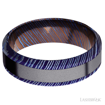 7 mm wide/High Bevel/Titanium Damascus band with one 3 mm Centered inlay of Tantalum.