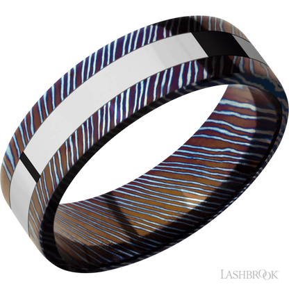 7 mm wide/Flat/Titanium Damascus band with one 3 mm Centered inlay of Cobalt Chrome.