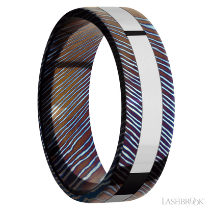 7 mm wide/Flat/Titanium Damascus band with one 3 mm Centered inlay of Cobalt Chrome.