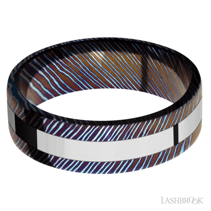 7 mm wide/Flat/Titanium Damascus band with one 3 mm Centered inlay of Cobalt Chrome.