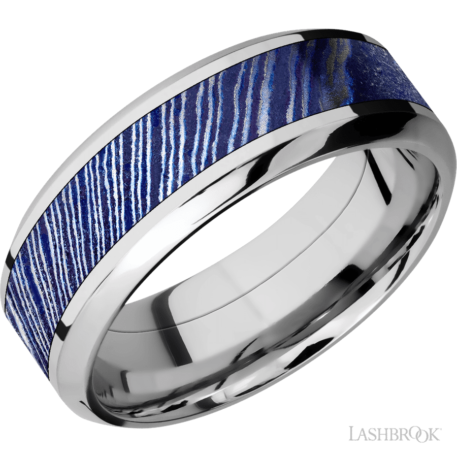 8 mm wide/High Bevel/Cobalt Chrome band with one 4 mm Centered inlay of Titanium Damascus.