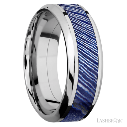 8 mm wide/High Bevel/Cobalt Chrome band with one 4 mm Centered inlay of Titanium Damascus.