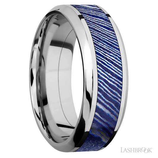 Lashbrook 8mm High Bevel Cobalt Chrome Wedding Band — Titanium Damascus Inlay