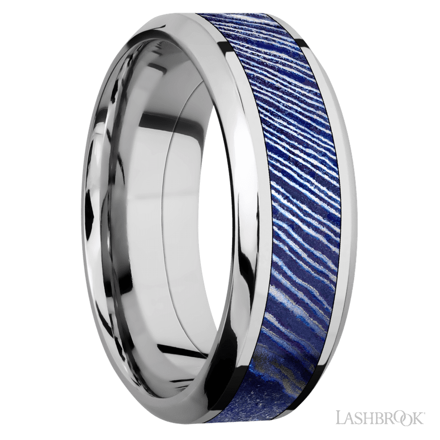 8 mm wide/High Bevel/Cobalt Chrome band with one 4 mm Centered inlay of Titanium Damascus.