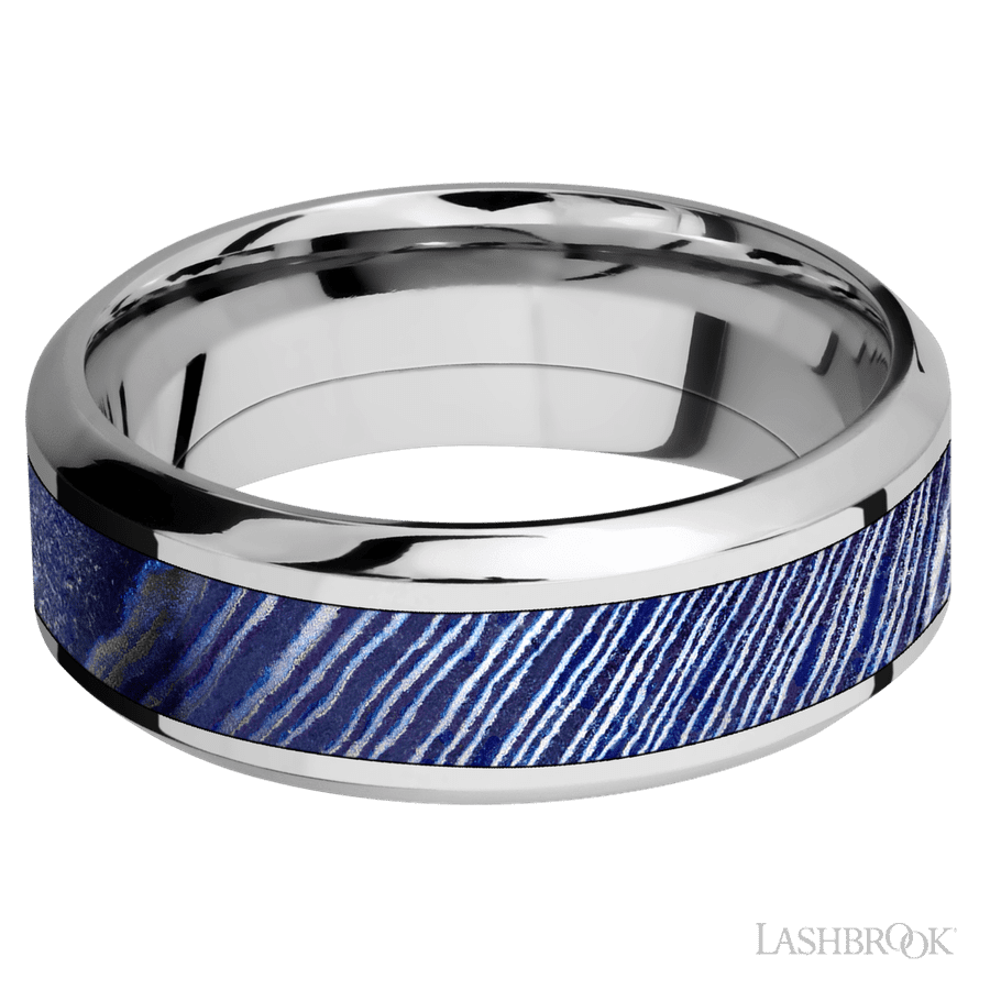 8 mm wide/High Bevel/Cobalt Chrome band with one 4 mm Centered inlay of Titanium Damascus.