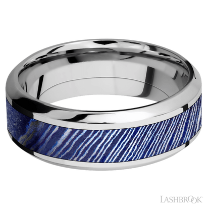 8 mm wide/High Bevel/Cobalt Chrome band with one 4 mm Centered inlay of Titanium Damascus.