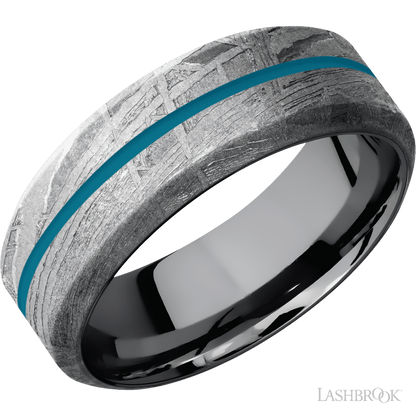 8 mm wide/High Bevel/Meteorite band with one 1 mm Centered inlay of Sea Blue also featuring a Tantalum sleeve.