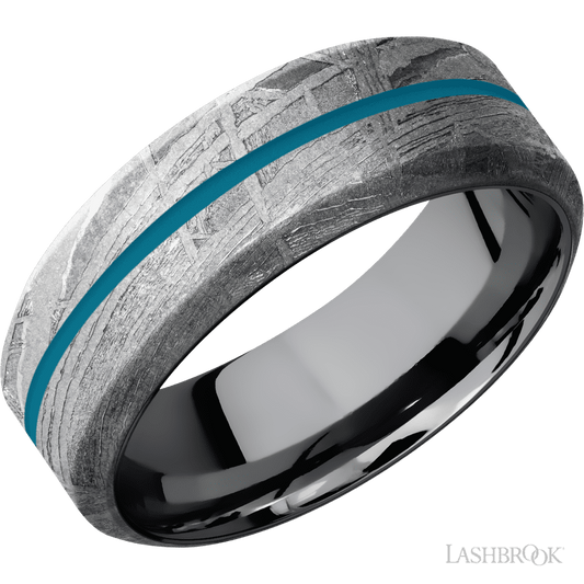 Lashbrook 8mm High Bevel Meteorite Wedding Band — Sea Blue Inlay