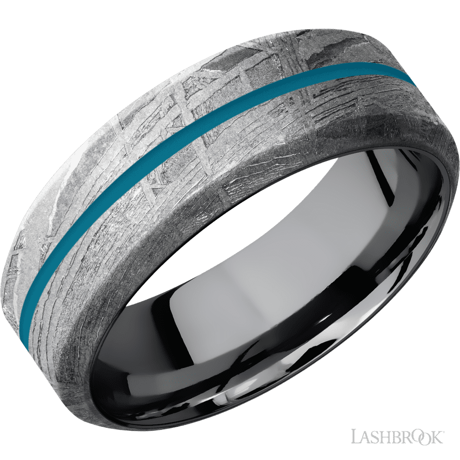 8 mm wide/High Bevel/Meteorite band with one 1 mm Centered inlay of Sea Blue also featuring a Tantalum sleeve.