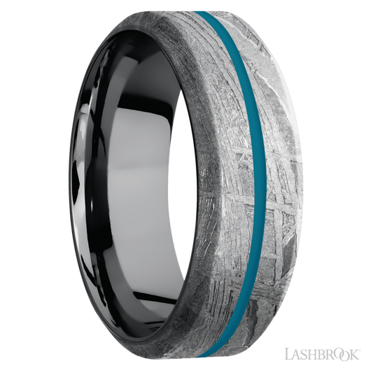 Lashbrook 8mm High Bevel Meteorite Wedding Band — Sea Blue Inlay