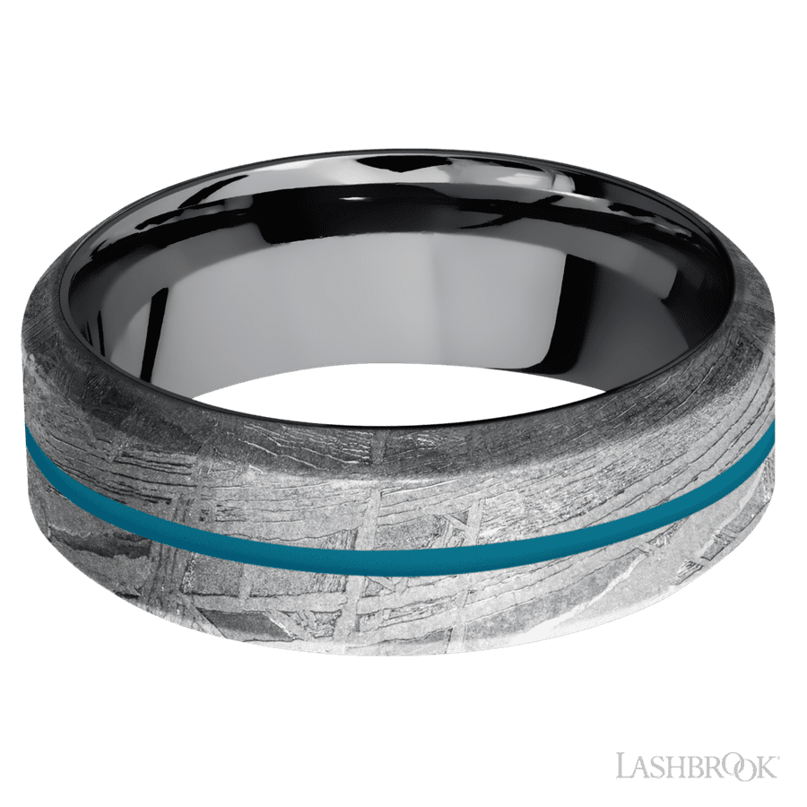 8 mm wide/High Bevel/Meteorite band with one 1 mm Centered inlay of Sea Blue also featuring a Tantalum sleeve.
