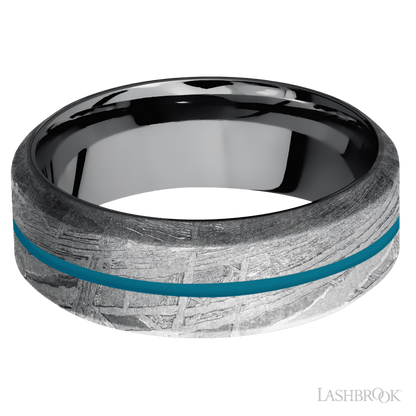8 mm wide/High Bevel/Meteorite band with one 1 mm Centered inlay of Sea Blue also featuring a Tantalum sleeve.
