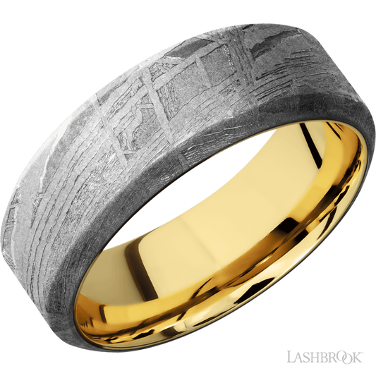 8 mm wide High Bevel Meteorite band featuring a 14K Yellow Gold sleeve.