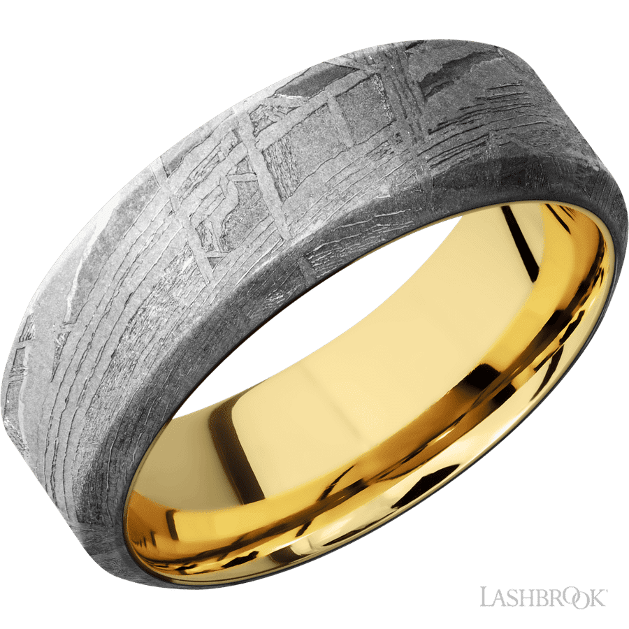 8 mm wide High Bevel Meteorite band featuring a 14K Yellow Gold sleeve.