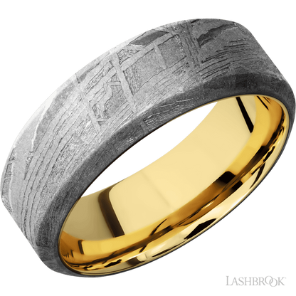 8 mm wide High Bevel Meteorite band featuring a 14K Yellow Gold sleeve.