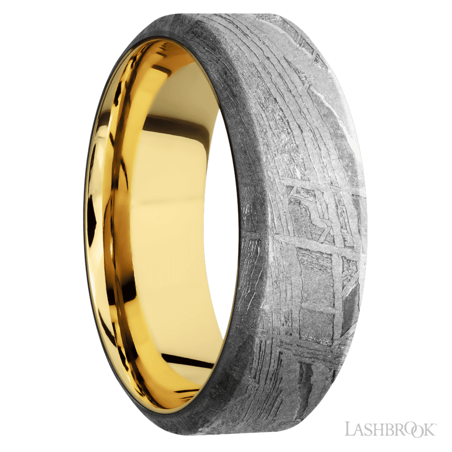 8 mm wide High Bevel Meteorite band featuring a 14K Yellow Gold sleeve.