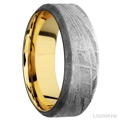 8 mm wide High Bevel Meteorite band featuring a 14K Yellow Gold sleeve.